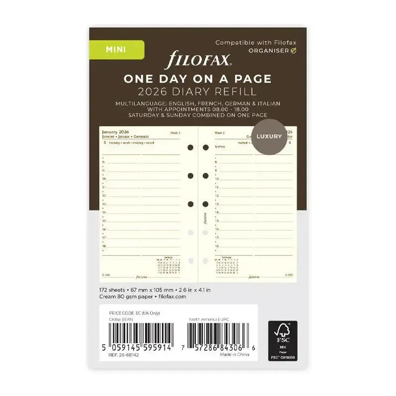 FFX Mini Agenda 1Jour/Page 4Langues Avec Heures Crème FILOFAX-Recharge Agenda-Filofax-2026-Papeterie du Dôme