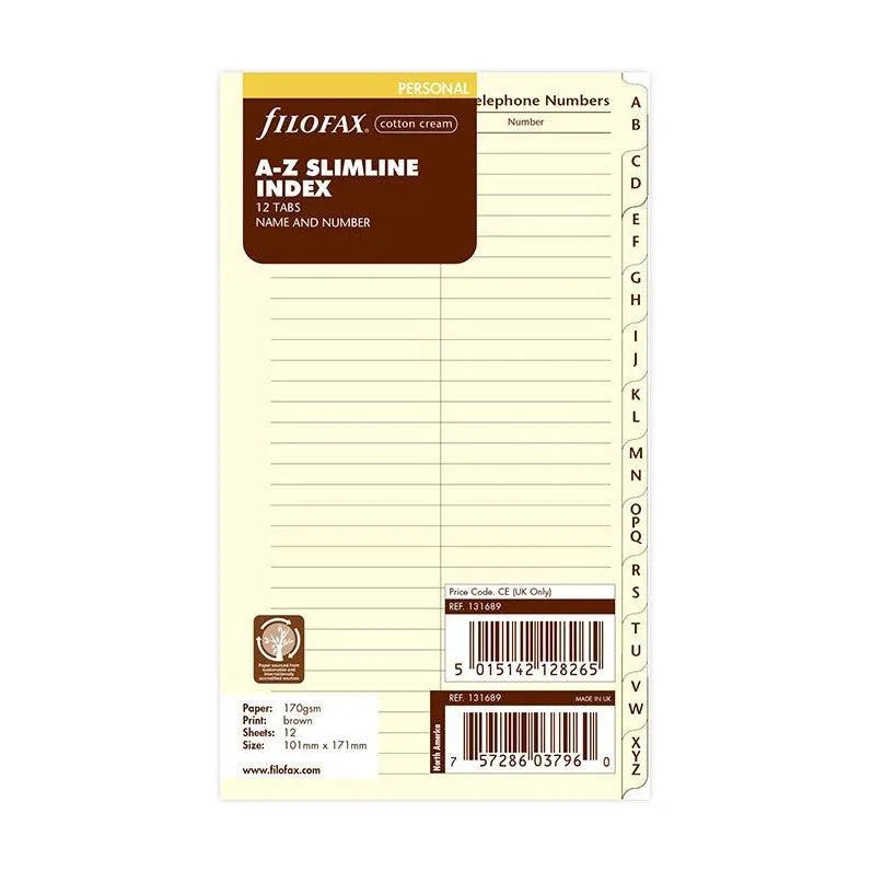 FFX Personal A-Z Slimline Index Creme-Recharge-Filofax-Papeterie du Dôme