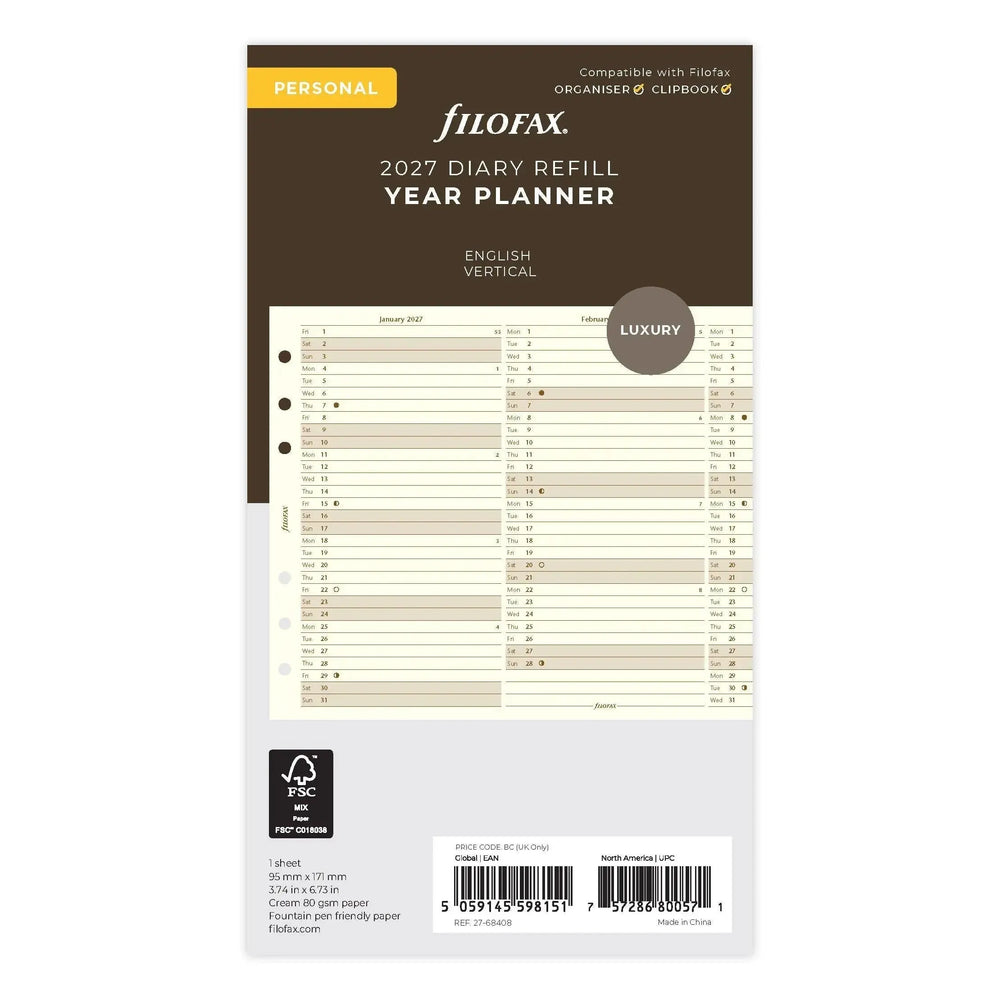 FFX Personal Agenda Planning vertical Anglais crème-Recharge Agenda-Filofax-2027-Papeterie du Dôme