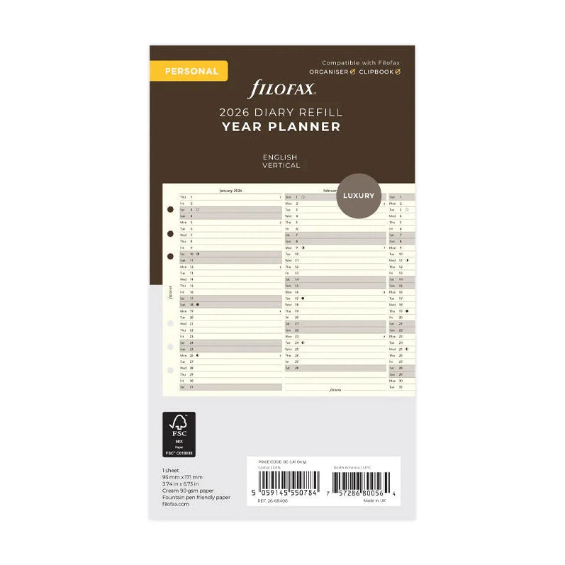 FFX Personal Agenda Planning vertical Anglais crème FILOFAX-Recharge Agenda-Filofax-Papeterie du Dôme