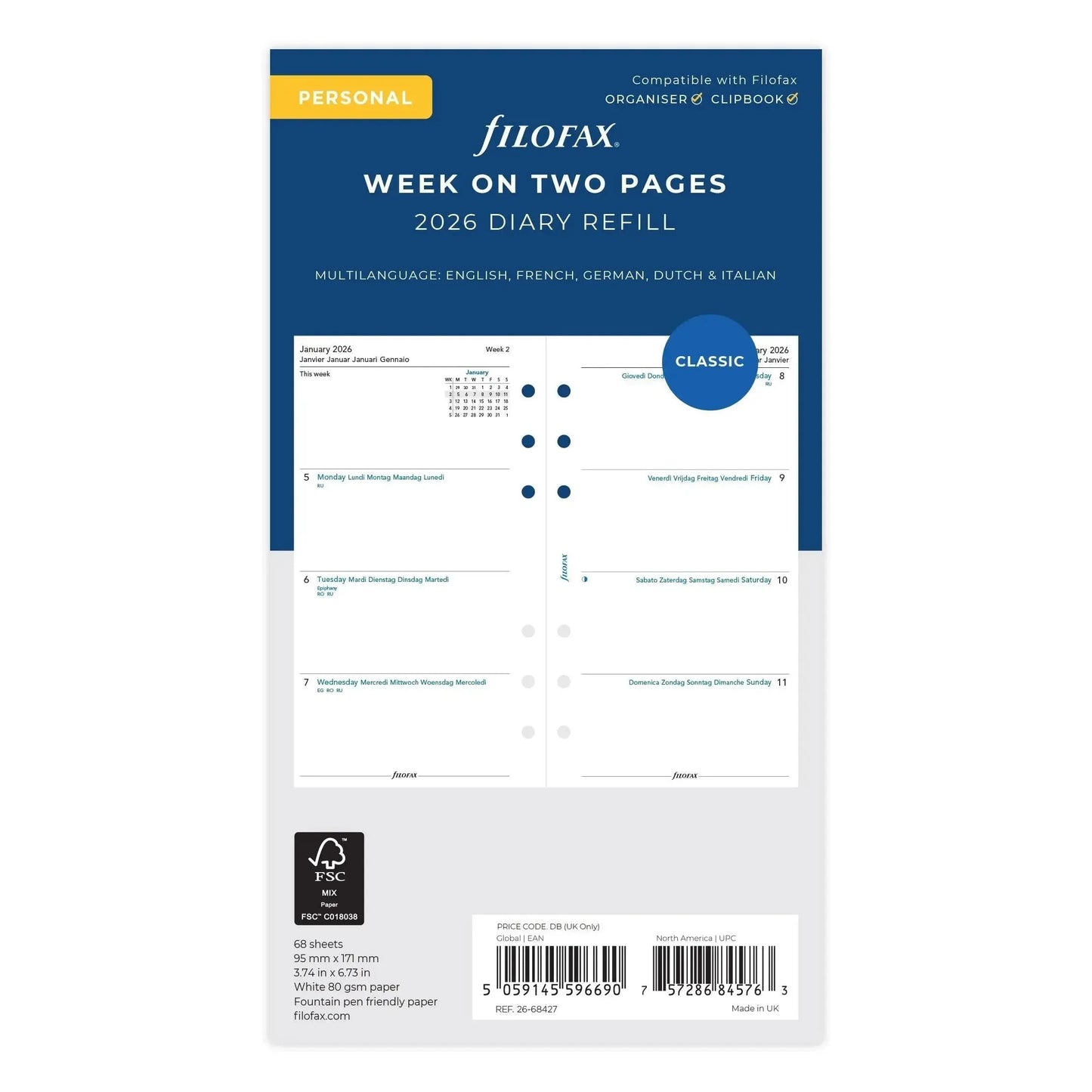 FFX Personal Agenda Semaine/2 Pages Horizontal 5 Langues FILOFAX-Recharge-Filofax-2026-Papeterie du Dôme