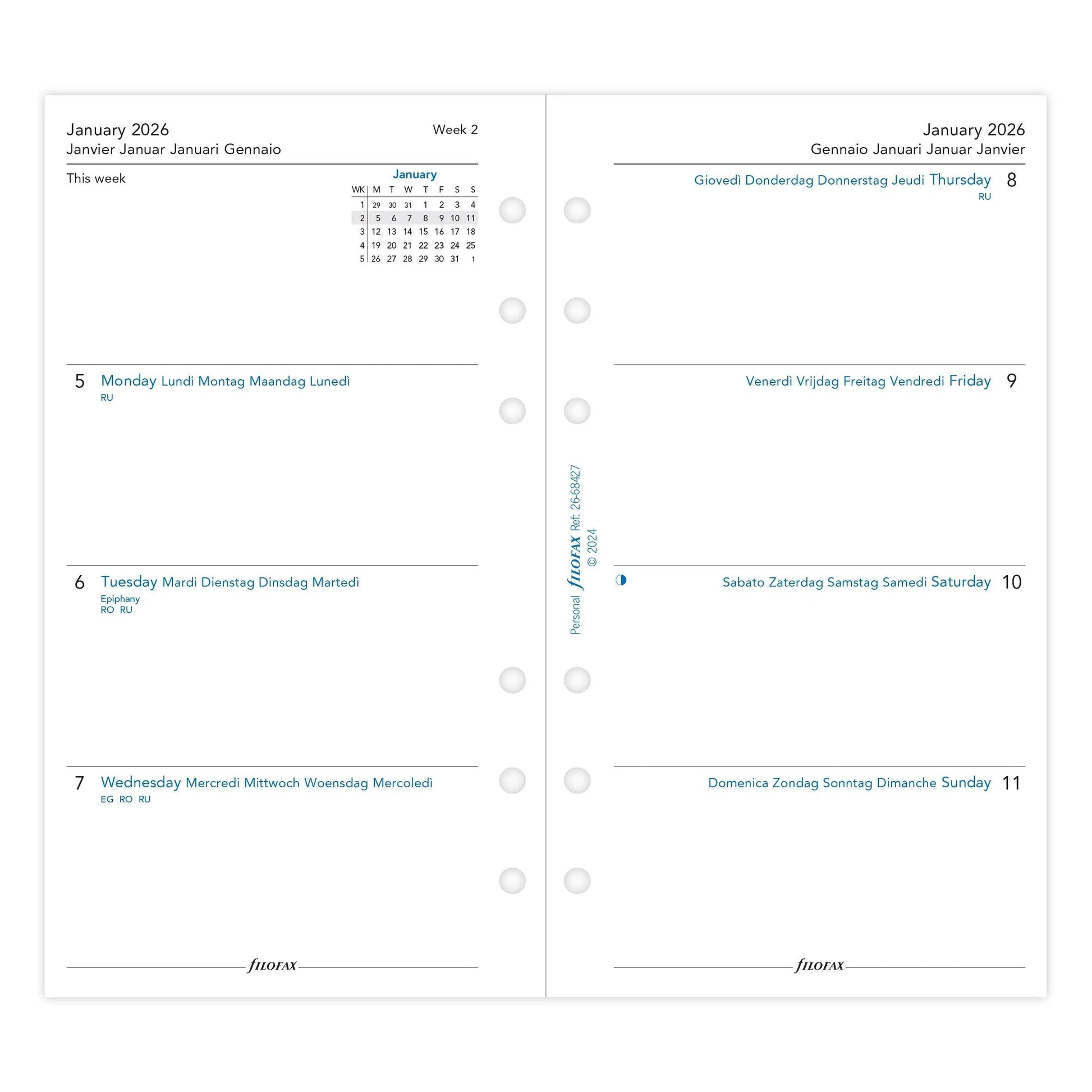 FFX Personal Agenda Semaine/2 Pages Horizontal 5 Langues FILOFAX-Recharge-Filofax-Papeterie du Dôme