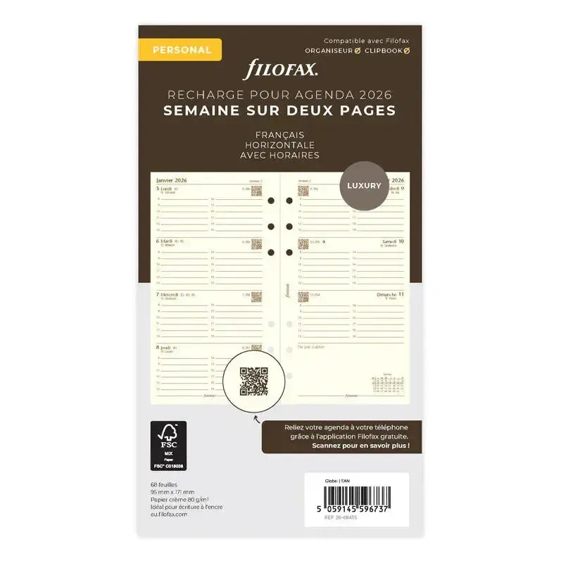 Recharge Agenda Filofax 2026 Format Horizontal - Semaine Sur 2 Pages, Codes QR Pour Synchronisation Appli - 2