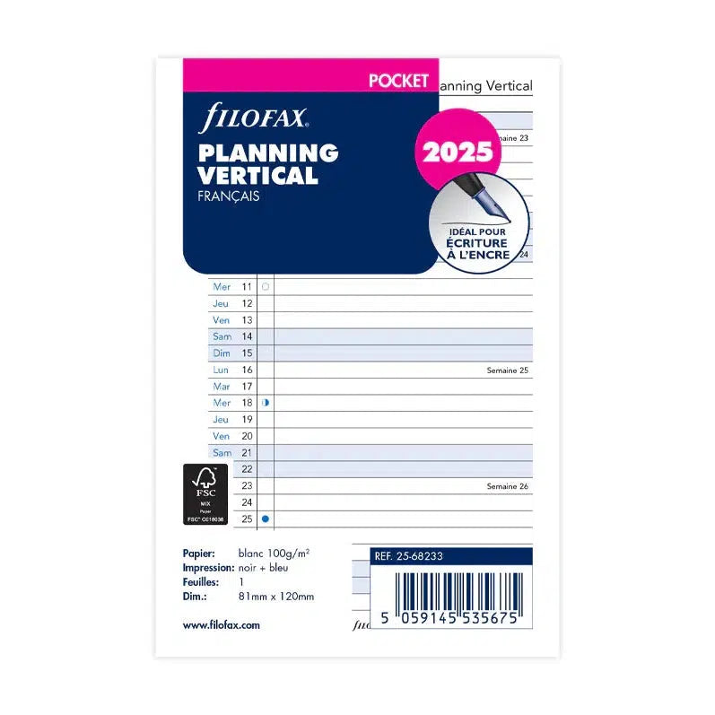 FFX Pocket Agenda Planning Vertical en Français FILOFAX-Recharge-Filofax-2025-Papeterie du Dôme
