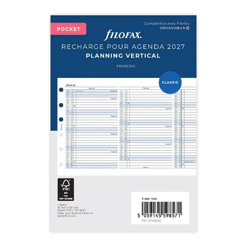 FFX Pocket Agenda Planning Vertical en Français FILOFAX-Recharge-Filofax-Papeterie du Dôme
