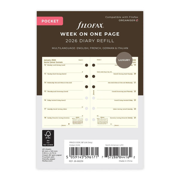 FFX Pocket Agenda semaine/1 page en 4 langues - crème FILOFAX-Recharge-Filofax-2026-Papeterie du Dôme