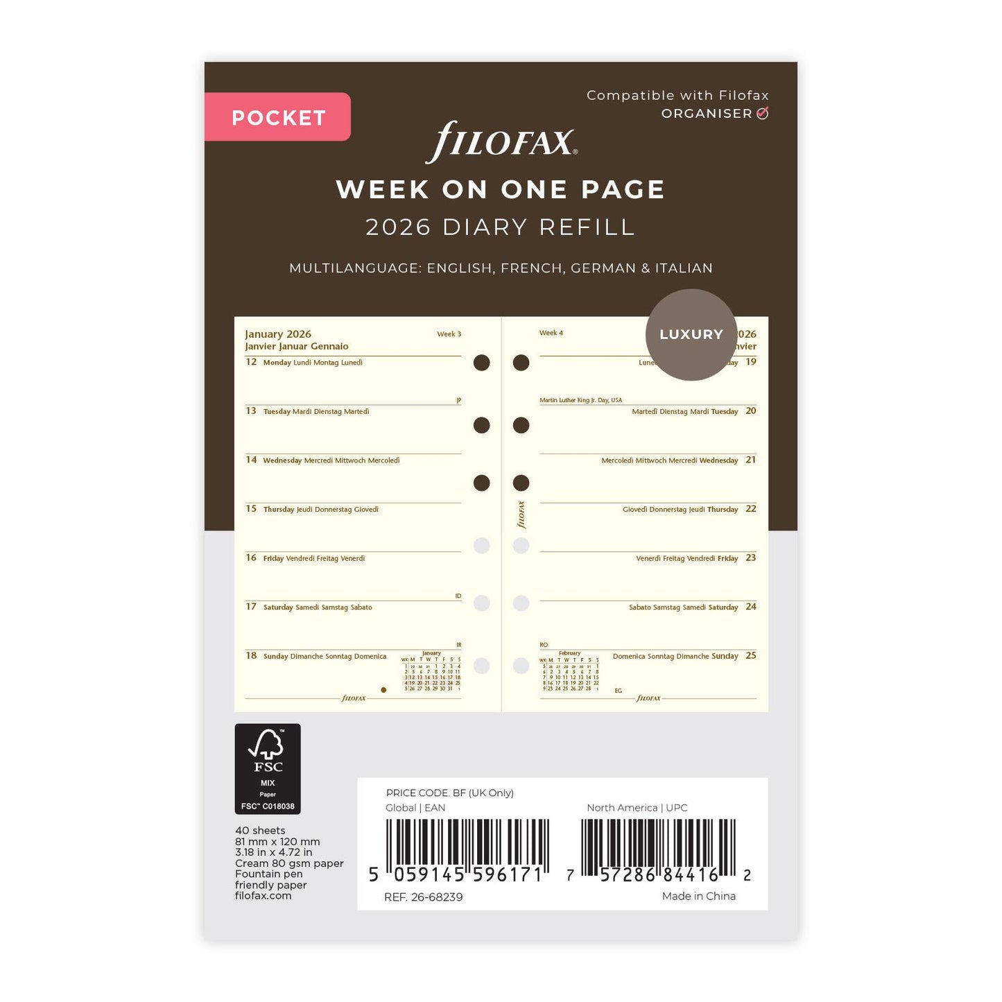 FFX Pocket Agenda semaine/1 page en 4 langues - crème FILOFAX-Recharge-Filofax-Papeterie du Dôme