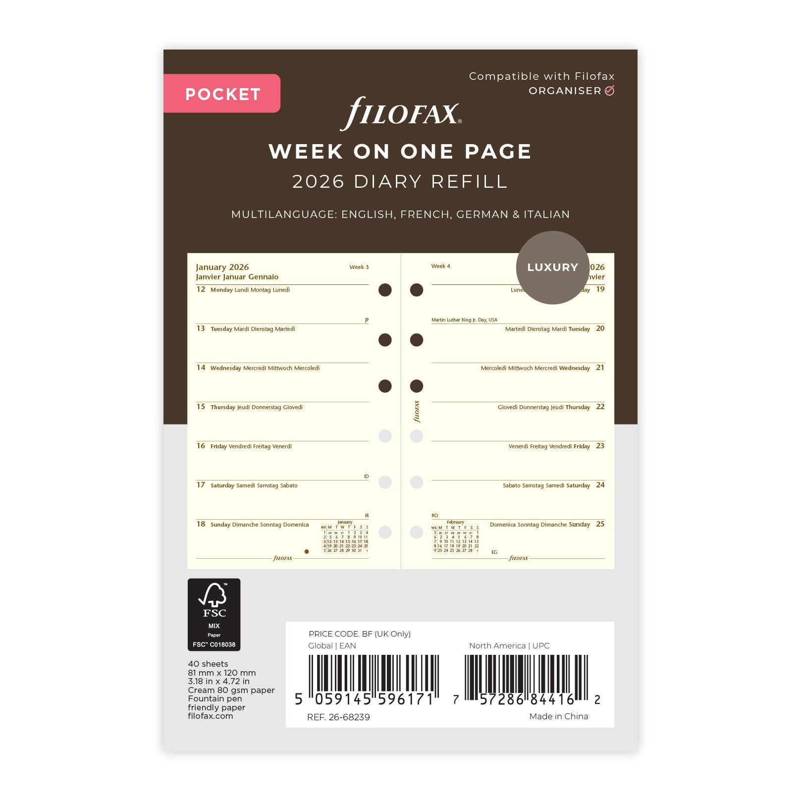 FFX Pocket Agenda semaine/1 page en 4 langues - crème FILOFAX-Recharge-Filofax-Papeterie du Dôme