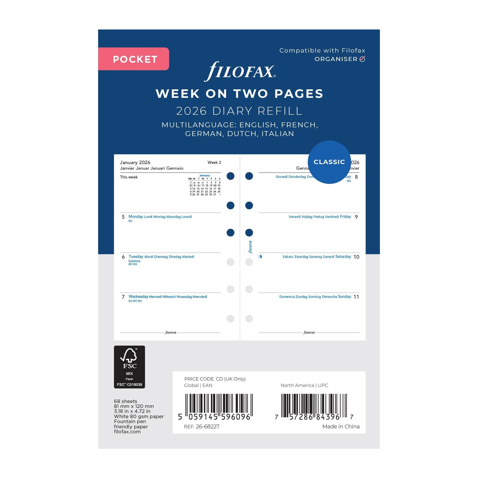 FFX Pocket Agenda semaine/2pages sans heures Blanches FILOFAX-Recharge-Filofax-Papeterie du Dôme