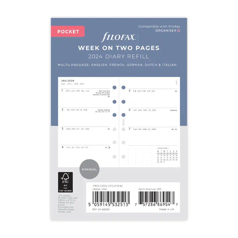 FFX Pocket semaine/2pages Minimal-Recharge-Filofax-2024-Papeterie du Dôme