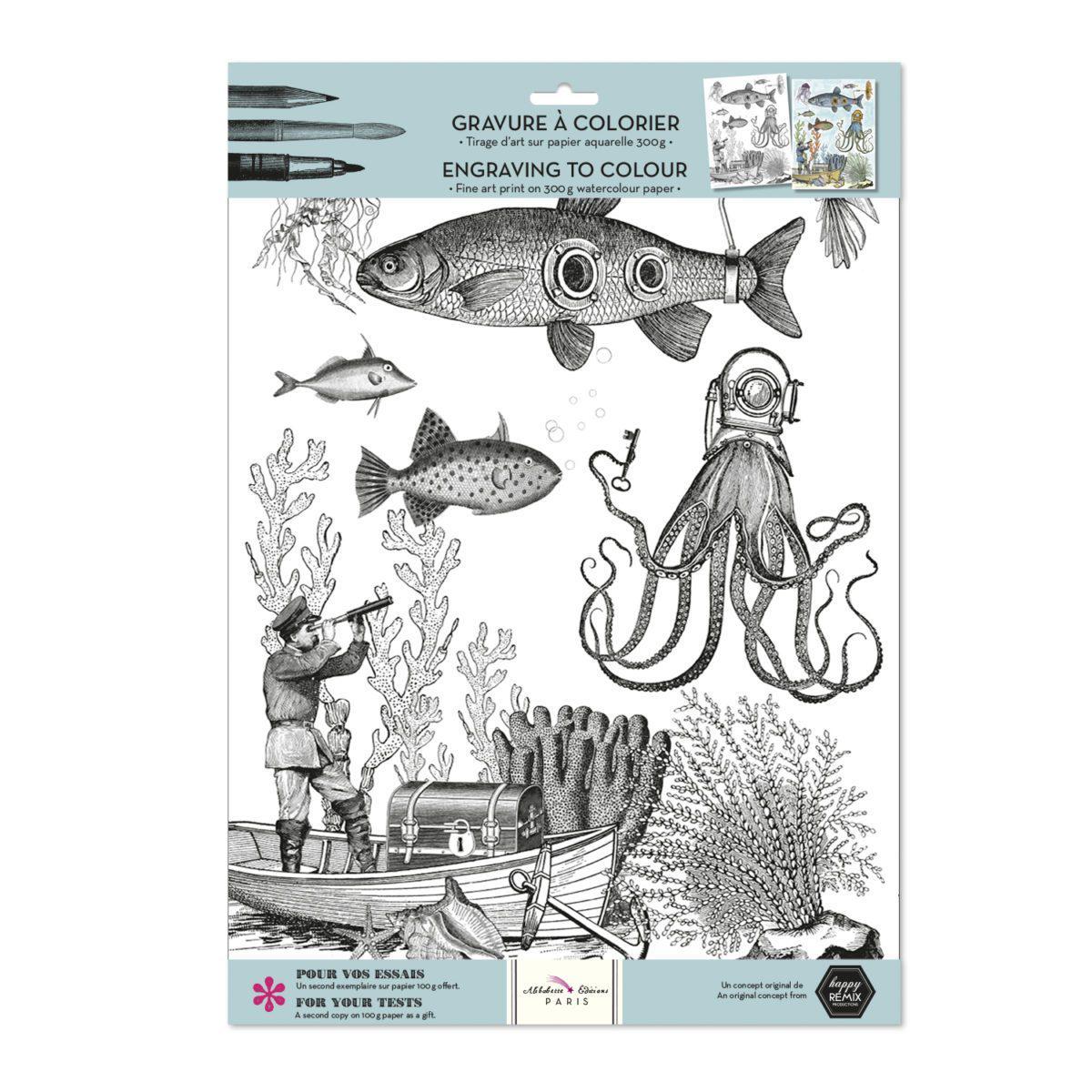 BAB Gravure à Colorier-Coloriage-Alibabette Editions-Submarine-Papeterie du Dôme