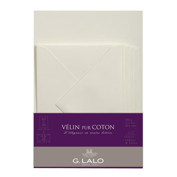 LALO Ensemble 10 Feuilles A5 et 5 Enveloppes Vélin Pur Coton-Correspondance-Lalo-Papeterie du Dôme
